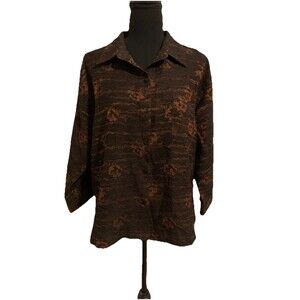 CHICOS DESIGN Size 2 Womens Large L Top Black Brown Shacket 3/4 Sleeves